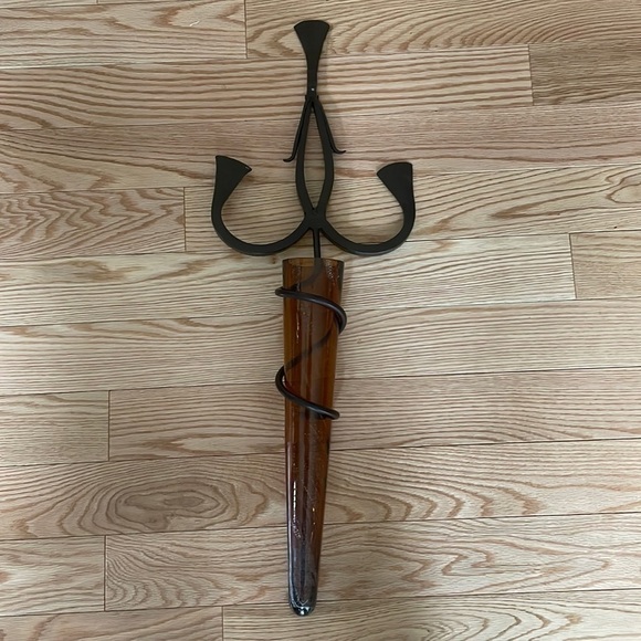 Metal Scrolled Hand Forged with Amber Color Elongated Sitting Vase Wall Piece - Picture 1 of 13